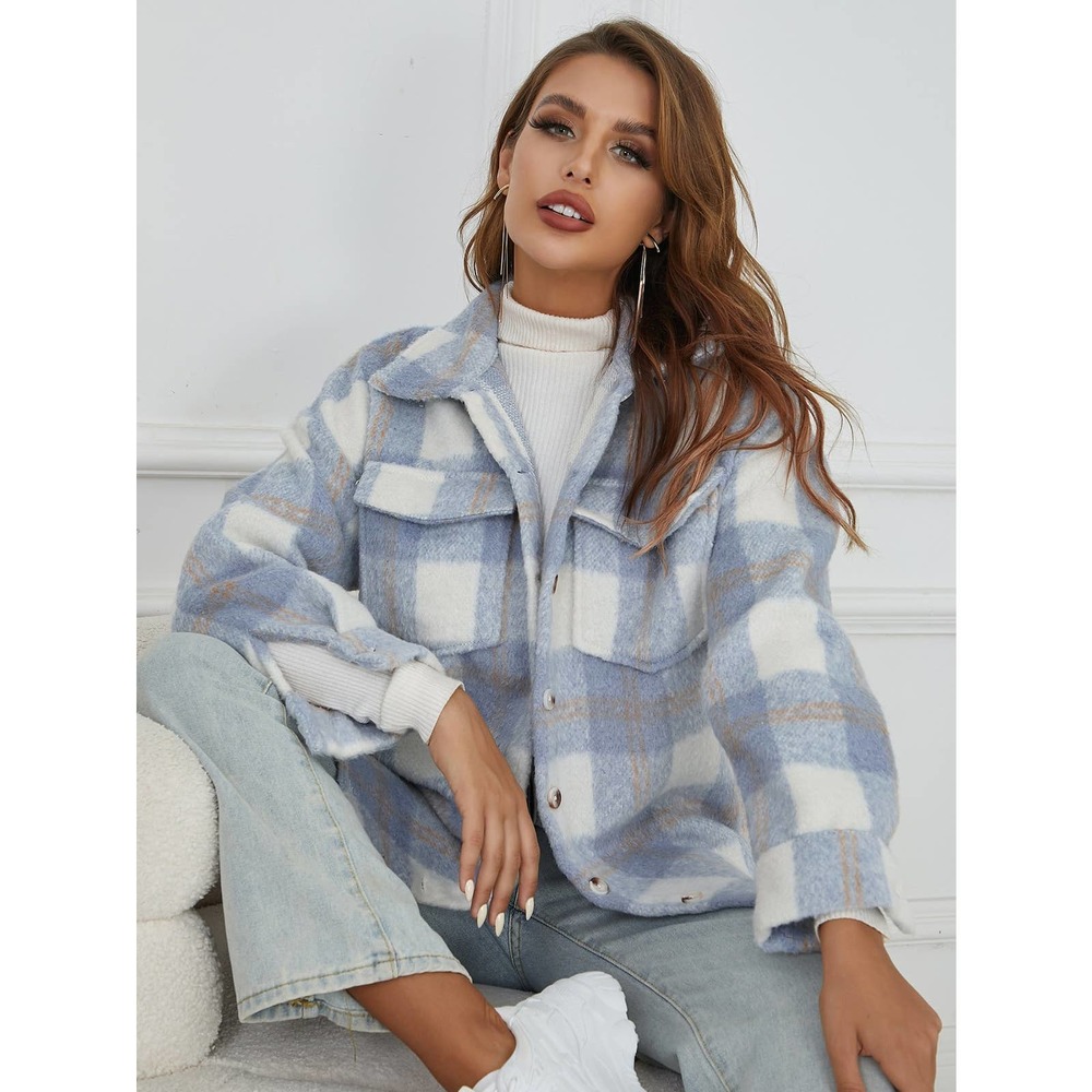 WILA Blue and White Plaid Wool Blend Shacket